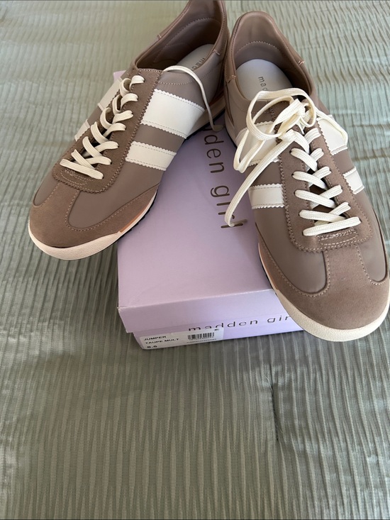 Madden Girl Shoes - New in box Madden Girl Women’s Jumper Taupe Sneakers with White Stripes